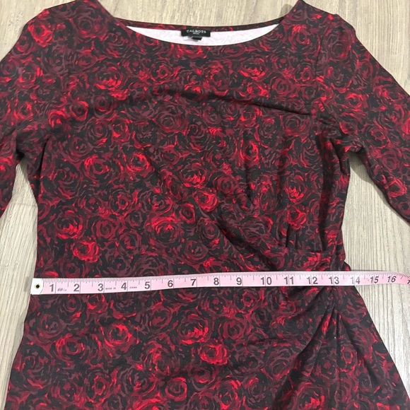 Talbots 3/4 Sleeve Floral Pattern Dress Sz MP Red Black Ruched Office Party - Picture 6 of 11